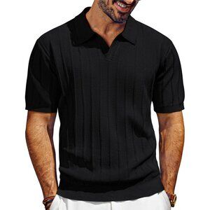 Men Black Short Sleeve Knit Polo Shirt Casual Lightweight Summer Top Tee